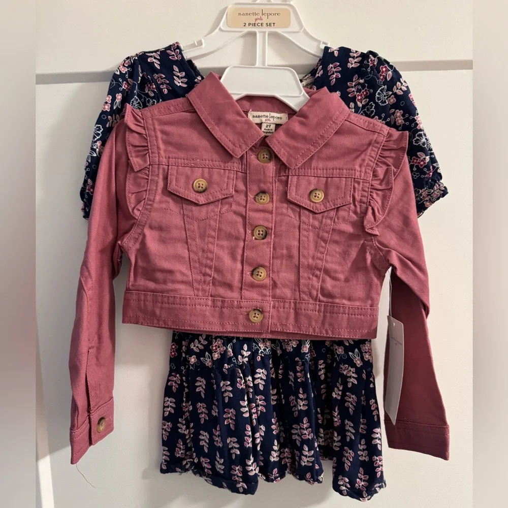 Nanette Lepore Girls 2 Piece Faux Wrap Dress and Pink Jean Jacket - Picture 1 of 5